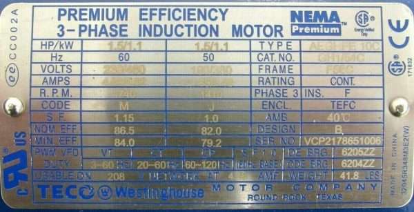 NEW TECO WESTINGHOUSE GH1/54C MOTOR 1.5HP 230/460V 1800RPM 5/8" DIA. AEGHPE-10C - Image 4