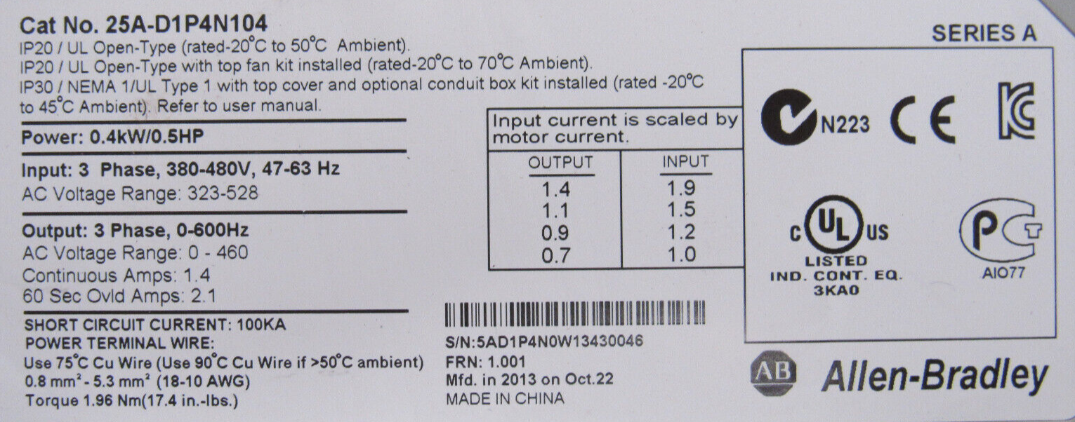 USED ALLEN BRADLY 25A-D1P4N104 POWERFLEX 523 DRIVE .05HP W/ 25-RF7P5-AL - Image 5