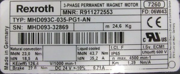 USED REXROTH R911272553 SERVO MOTOR MHD093C-035-PG1-AN - Image 4