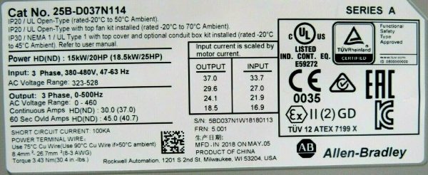 NEW ALLEN BRADLEY 25B-D037N114 POWER FLEX 525 SER.A 25HP 25BD037N114 - Image 6