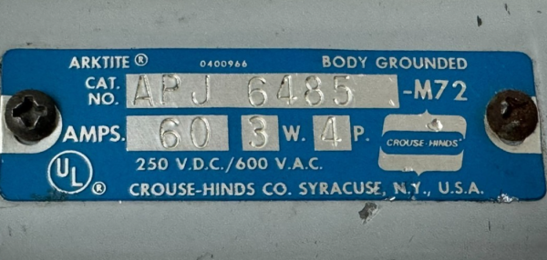 NEW CROUSE-HINDS AR642-M72 RECEPTACLE 60A 3W 4P W/ APJ-6485-M72 ARKTITE ...