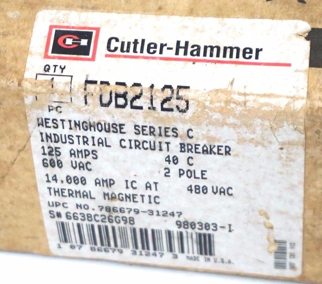 NEW CUTLER HAMMER FDB2125 CIRCUIT BREAKER 600V, 125A, 2 POLE - Image 3