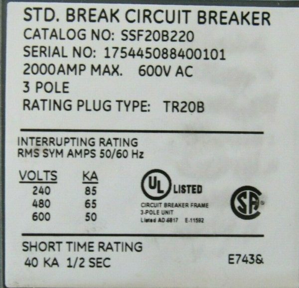 NEW GENERAL ELECTRIC SSF20B220 CIRCUIT BREAKER 2000A 600V 3P - Image 7