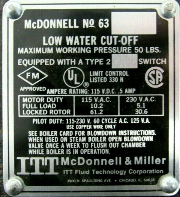NEW ITT MCDONNELL & MILLER 63 LOW WATER CUT OFF 142400 - Image 6
