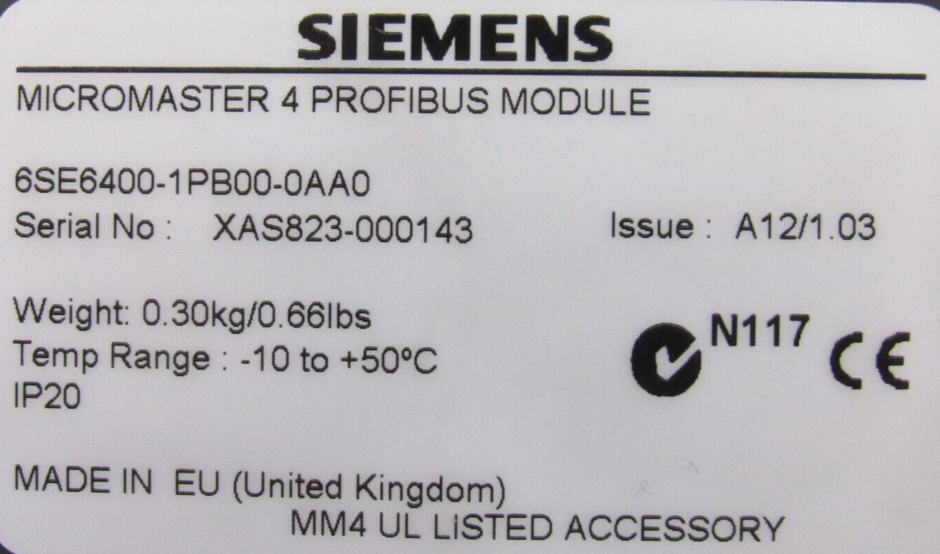 USED SIEMENS 6SE6400-1PB00-0AA0 MICROMASTER 4 PROFIBUS MODULE 6SE64001PB000AA0 - Image 4