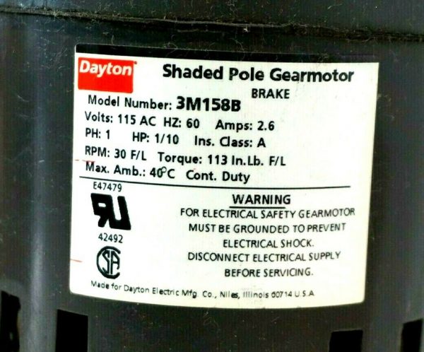 NEW DAYTON 3M158B GEAR MOTOR 1/10 H.P. 115V 60HZ 3M158 - Image 5