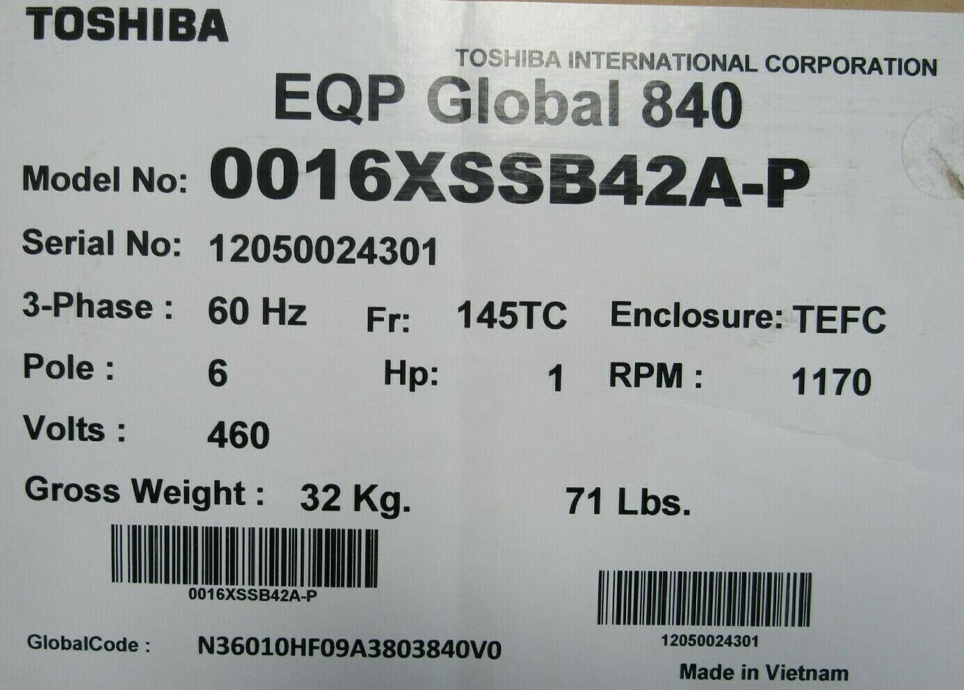 NEW TOSHIBA 0016XSSB42A-P MOTOR 1HP 460V 1170RPM 145TC - Image 5