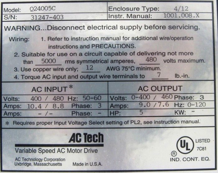 NEW AC TECH Q24005C DRIVE 5HP 400-460V - Image 5