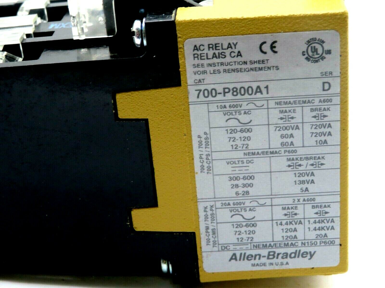 NEW ALLEN BRADLEY 700-P800A1 CONTROL RELAY SER D TYPE P 700P800A1 - Image 3
