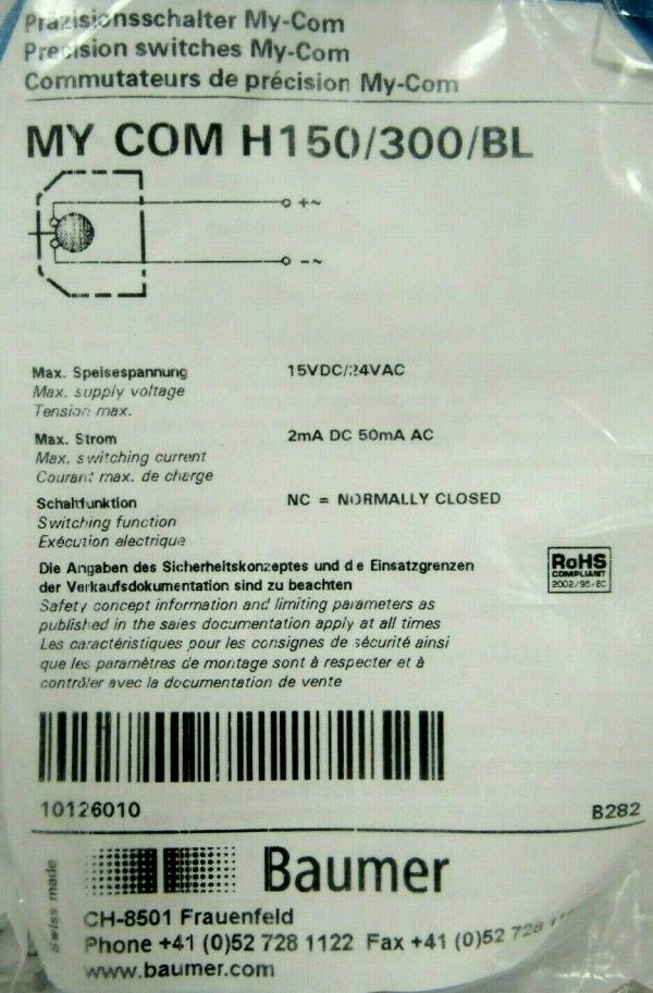 NEW BAUMER MY-COM-H150/300/BL PRECISION SWITCH MYCOMH150300BL 10126010 - Image 4