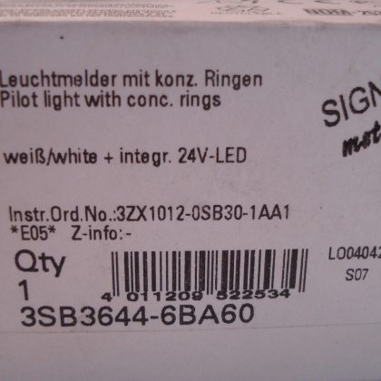 NEW SIEMENS 3SB3644-6BA60 PILOT LIGHT WHITE