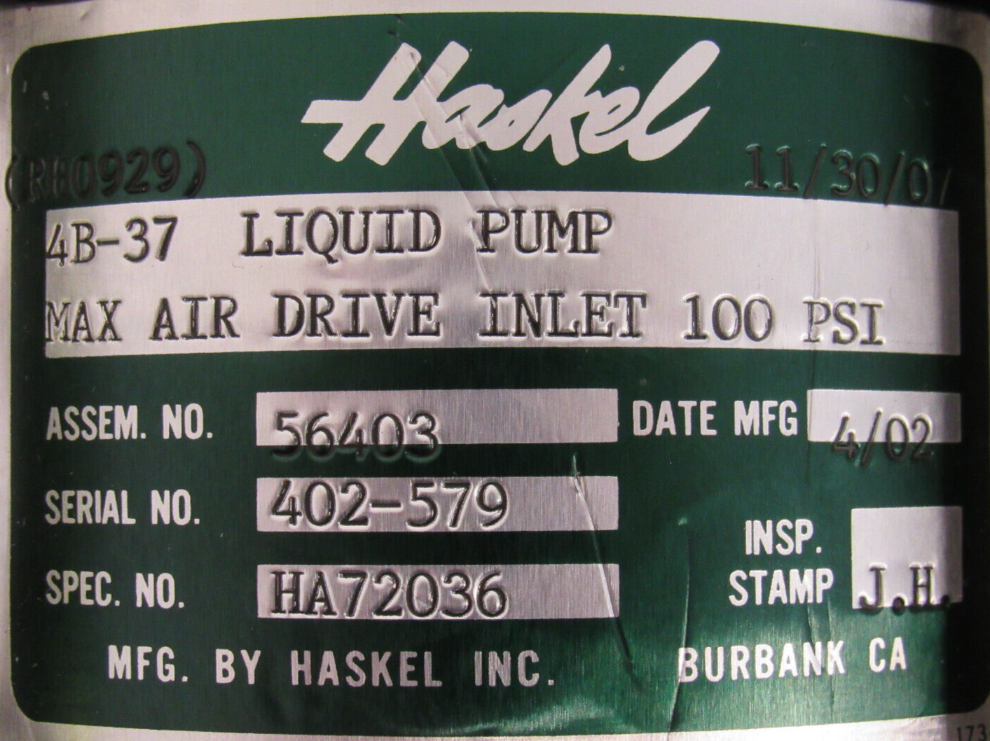 REFURBISHED HASKEL 4B-37 AIR DRIVEN PUMP 56403 4B37 - Image 5