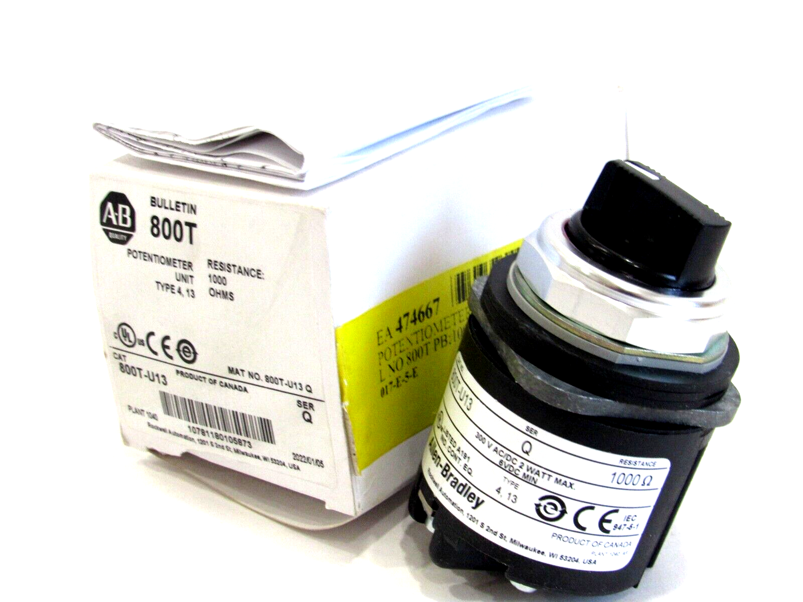 ALLEN BRADLEY 800T-U13 POTENTIOMETER SERIES Q 800TU13 NEW, SURPLUS - SB ...