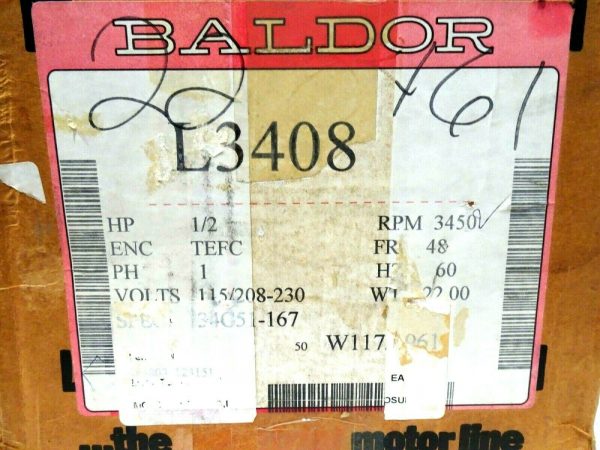 NEW BALDOR L3408 INDUSTRIAL MOTOR 3450 R.P.M. 1/2 H.P. - Image 6