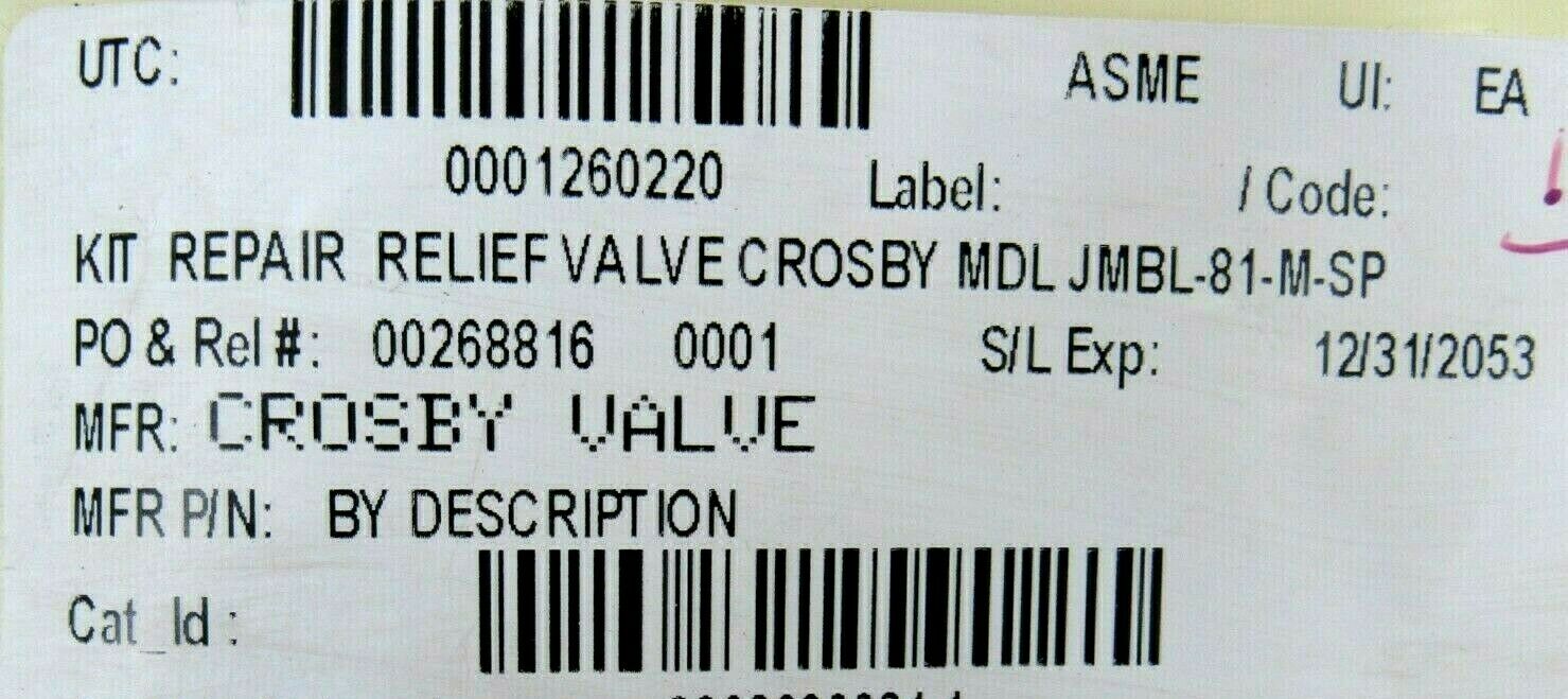 NEW CROSBY VALVE JMBL81MSP REPAIR KIT G015780000 JMBL81MSP MDLJMBL