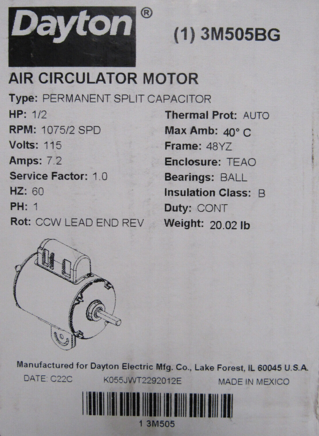 NEW DAYTON 3M505BG MOTOR 1/2HP 115V - SB Industrial Supply, Inc.