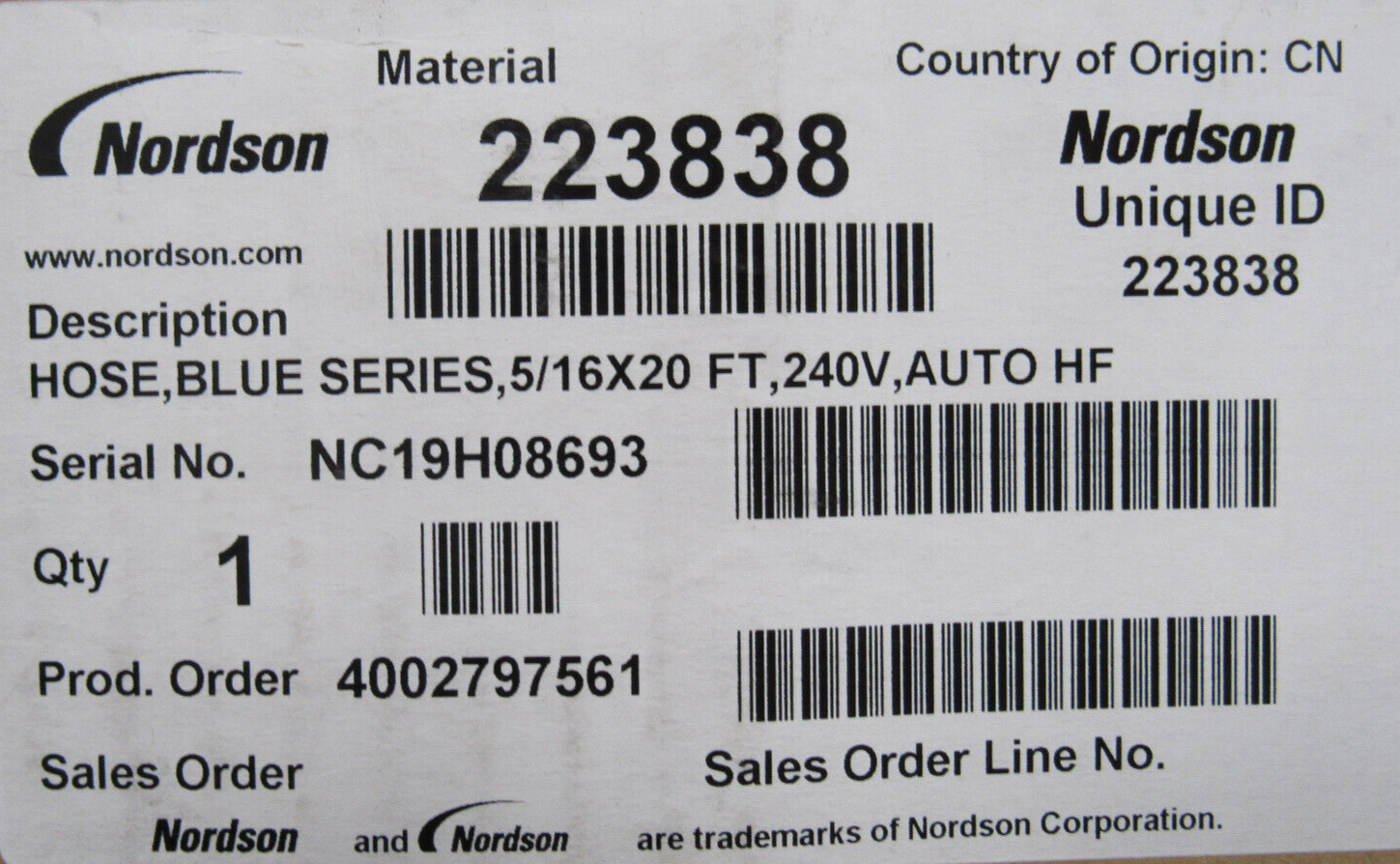 Ｔ N　703030 NEW NORDSON 223838 HOT MELT HOSE BLUE SERIES 5/16