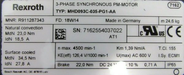 NEW REXROTH R911287343 SERVO MOTOR MHD093C-035-PG1-AA - Image 4