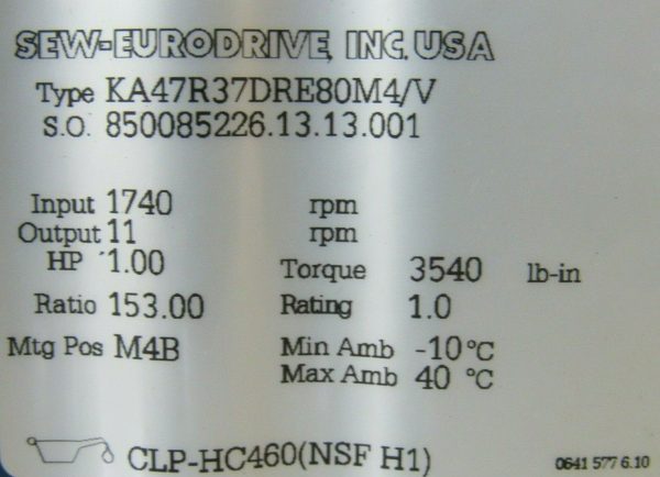 NEW SEW EURODRIVE KA47R37DRE80M4/V GEAR REDUCER 1HP 153:1 1740RPM 01823582 - Image 5