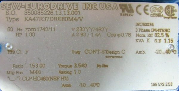NEW SEW EURODRIVE KA47R37DRE80M4/V GEAR REDUCER 1HP 153:1 1740RPM 01823582 - Image 6