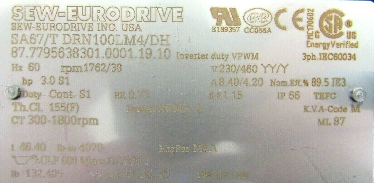 NEW SEW EURODRIVE SA67/T-DRN100LM4/DH GEARMOTOR 3HP 230/460V - Image 5