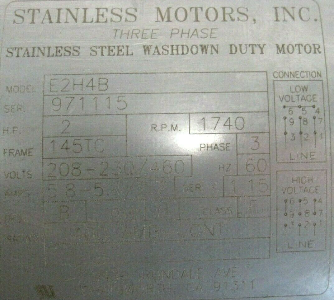 NEW STAINLESS MOTORS E2H4B MOTOR 2HP 208-230/460V 1740RPM 7/8" DIA. 145TC - Image 4