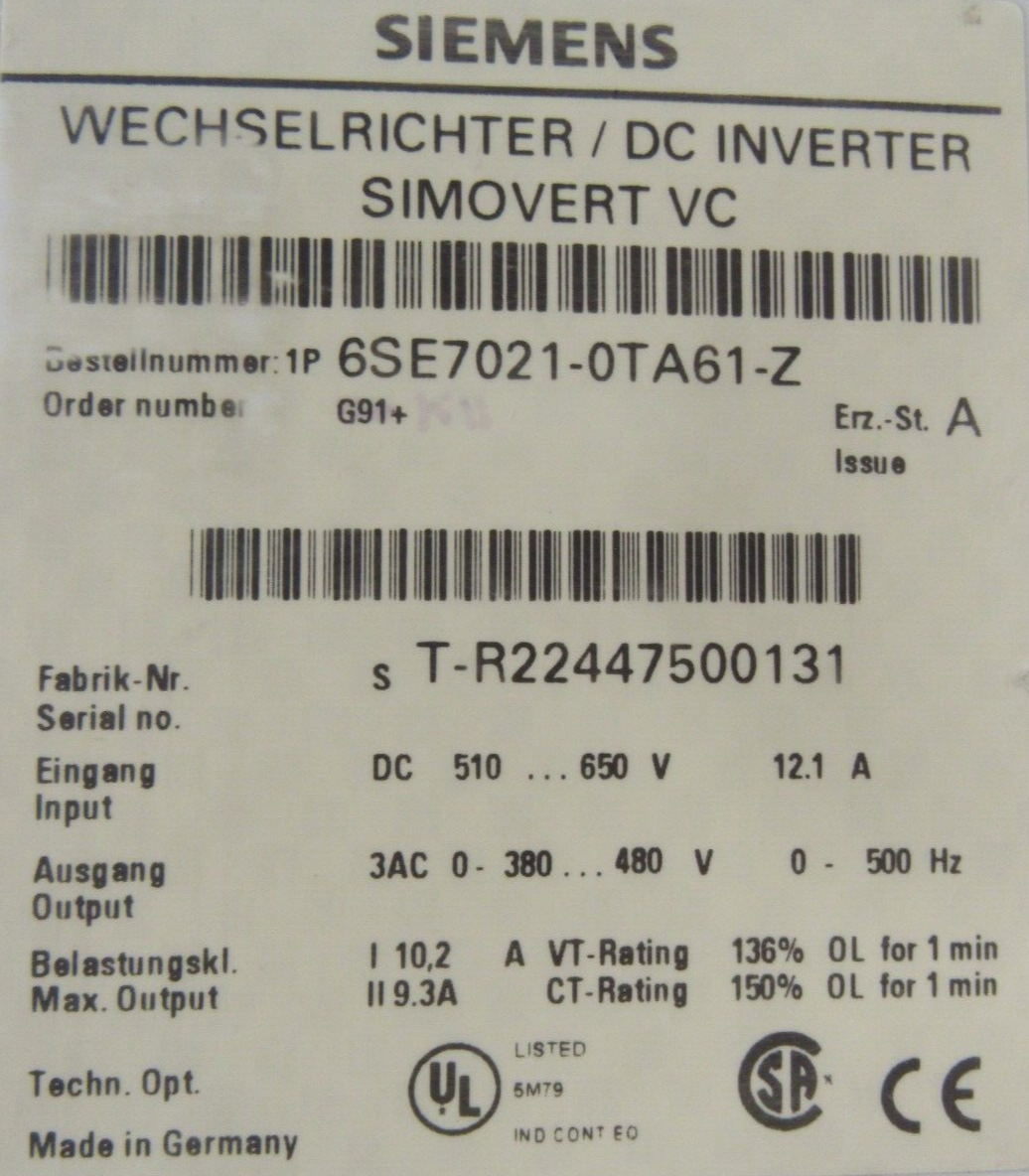 USED SIEMENS 6SE7021-0TA61-Z DC INVERTER 6SE70210TA61Z - Image 5