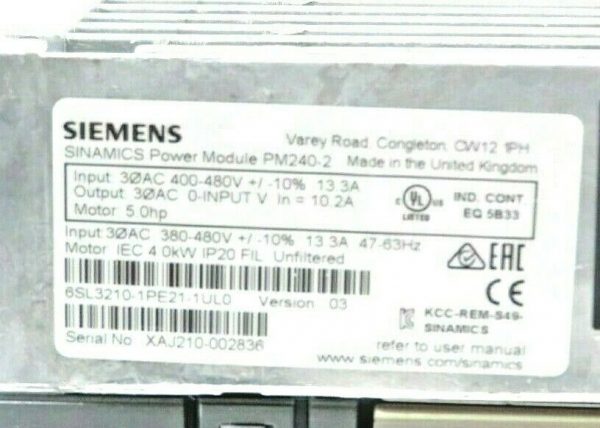USED SIEMENS 6SL3210-1PE21-1UL0 POWER MODULE PM240-2 6SL32101PE211UL0 - Image 5