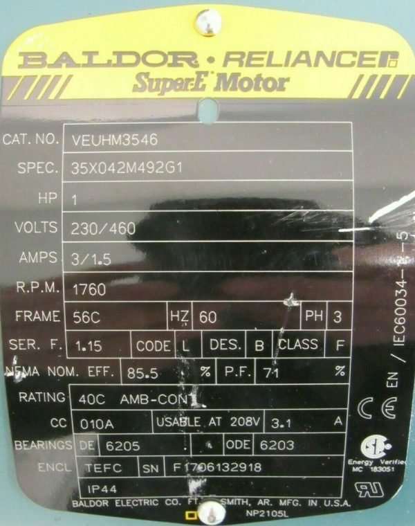 NEW BALDOR VEUHM3546 MOTOR 1HP 230/460V 1760RPM 35X042M492G1 5/8" SHAFT DIA - Image 4