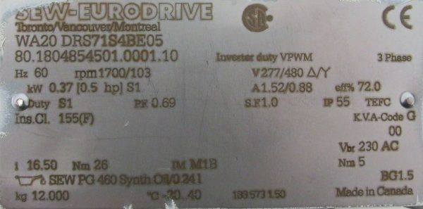 NEW SEW EURODRIVE WA20 DRS71S4BE05 GEAR MOTOR WA20DRS71S4BE05 - Image 4