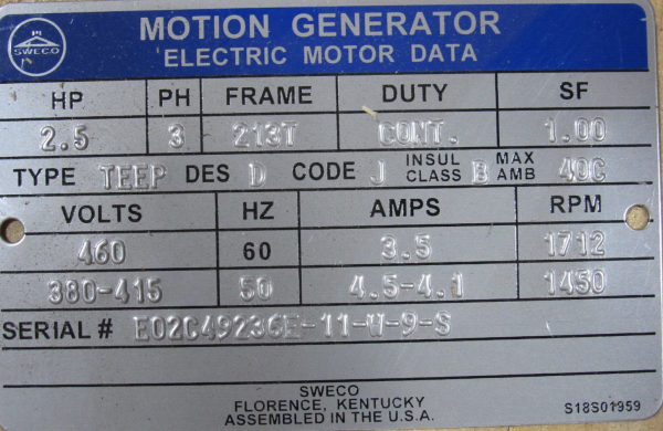 NEW SWECO E02C49236E MOTION GENERATOR 2.5HP 460V 213T E02C49236E-11-W-9 ...