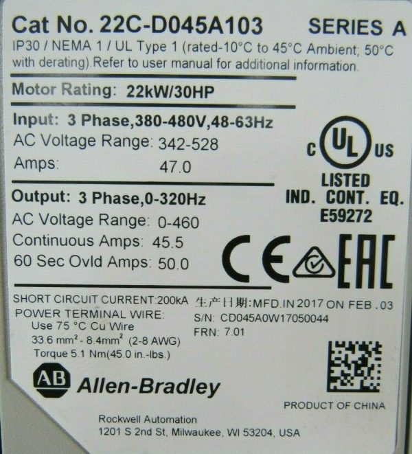 REFURBISHED ALLEN BRADLEY 22C-D045A103 POWERFLEX 400 SER A 22KW/30HP 22CD045A103 - Image 5