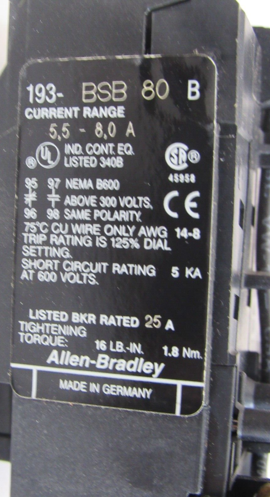 ALLEN BRADLEY 193-BSB80 OVERLOAD RELAY SER. B 193BSB80 NEW, SURPLUS - Image 3
