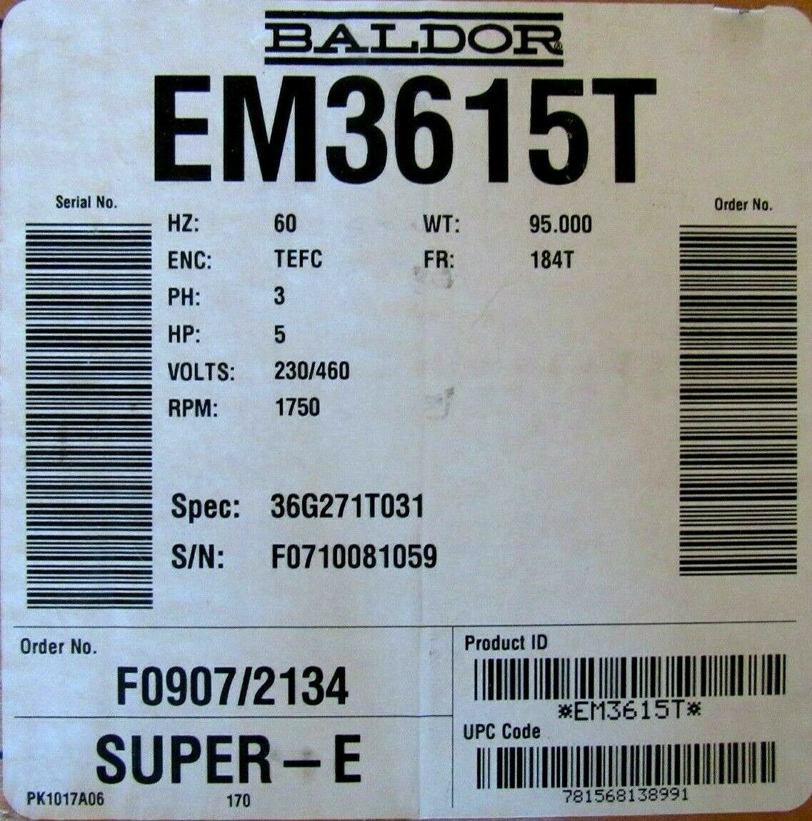 NEW BALDOR EM3615T MOTOR 5HP 230/460V 1750RPM 36G271T031 184T 1-1