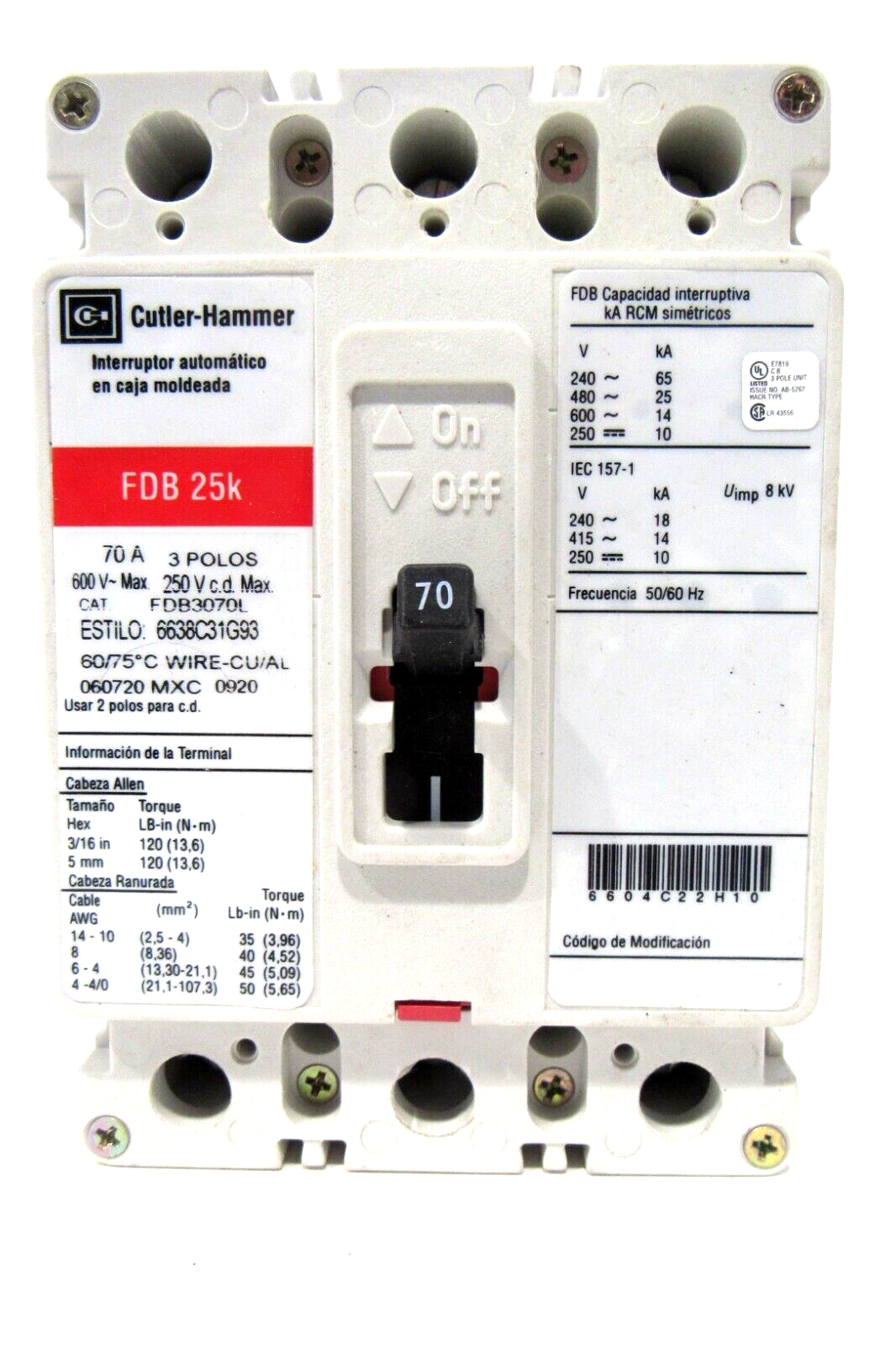 NEW CUTLER HAMMER FDB3070L CIRCUIT BREAKER 3 POLE 70A. - Image 4