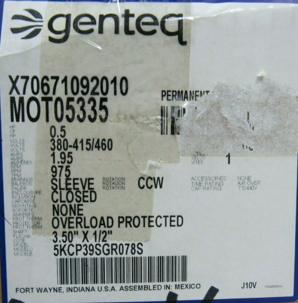 NEW GENTEQ 5KCP39SGR078S ELECTRIC MOTOR 0.5HP 380-415/460V MOT05335 X70671092010 - Image 5