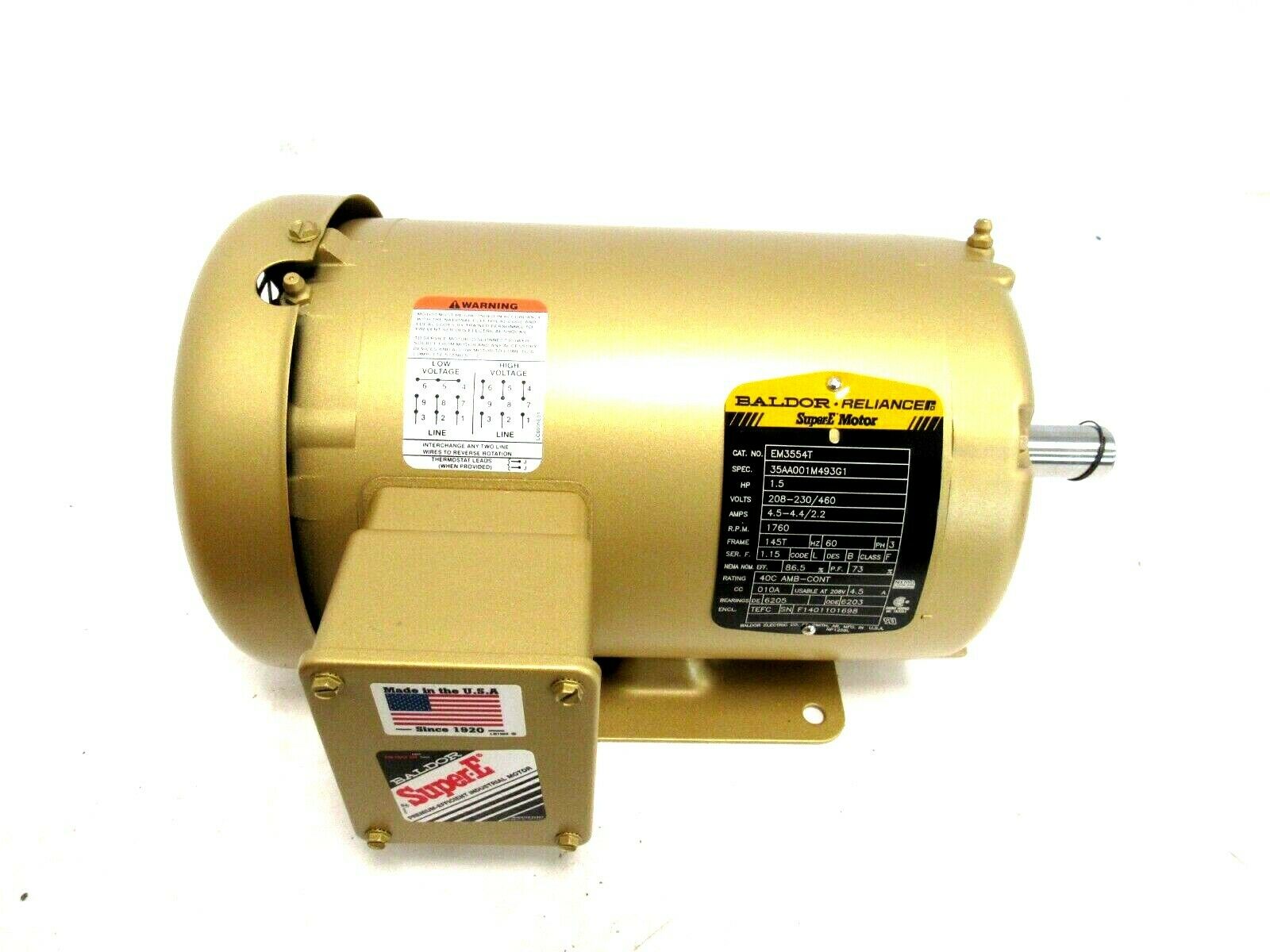 NEW BALDOR EM3554T MOTOR 1.5HP 208-230/460V 1760RPM 7/8" DIA. - Image 3