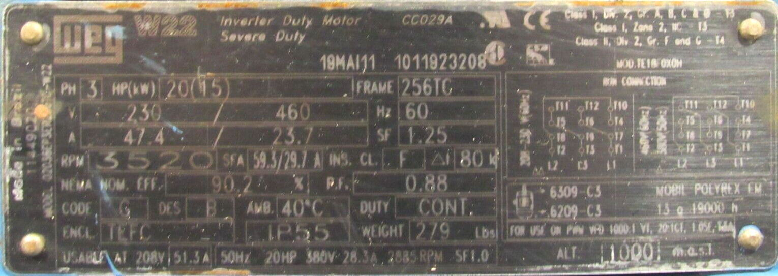 NEW WEG 02036EP3ER256TC-W22 MOTOR 20HP 256TC 1-5/8" DIA. 230/460V 3520 RPM - Image 4