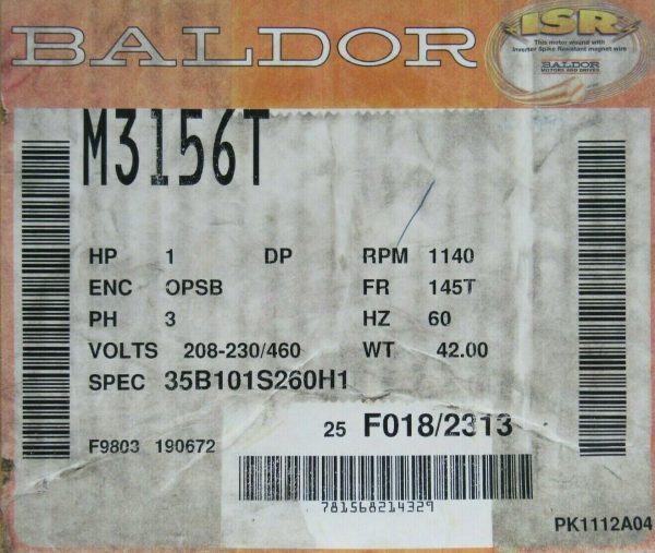 NEW BALDOR M3156T ELECTRIC MOTOR 35B101S260H1 1HP 208-230/460V RPM 1140 7/8" - Image 5