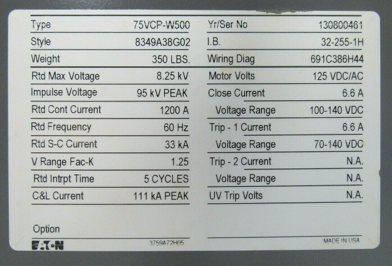 NEW EATON 75VCP-W500 VACUUM CIRCUIT BREAKER 1200A 8349A38G02 75VCPW500 - Image 7