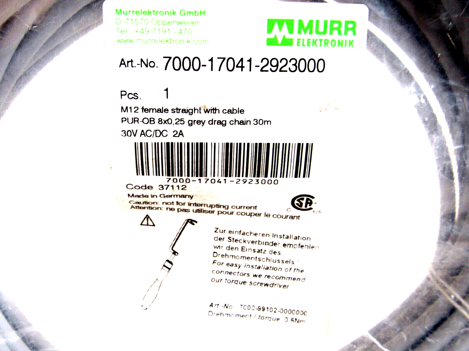 NEW MURR ELEKTRONIK 7000-17041-2923000 M12 FEMALE STRAIGHT W/CABLE - SB ...