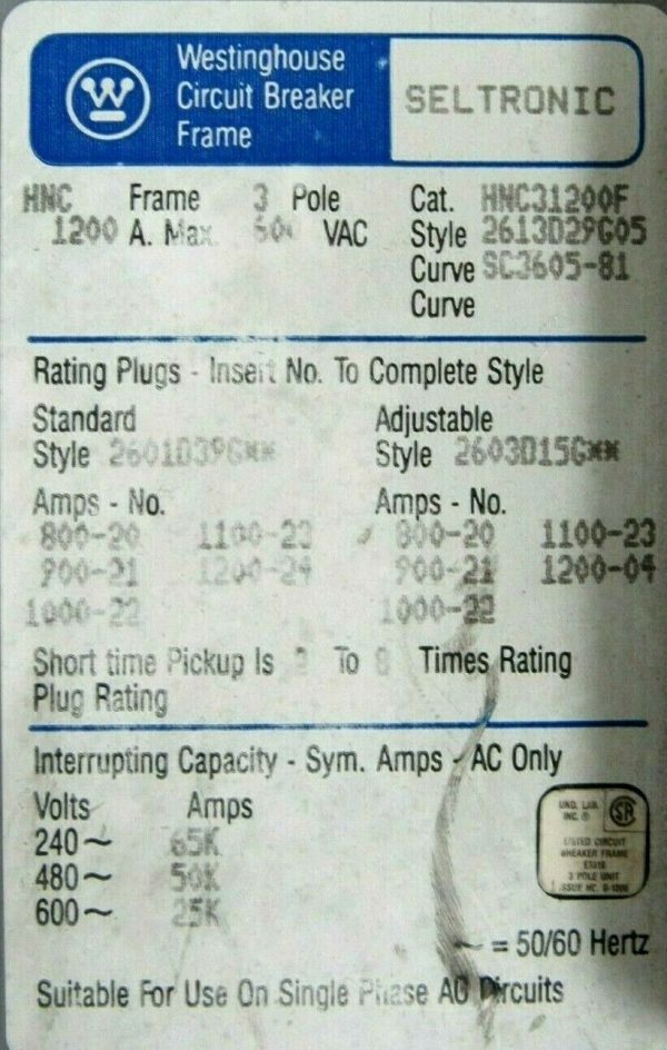 NEW WESTINGHOUSE HNC31200F CIRCUIT BREAKER 3 POLE 1200A - Image 4