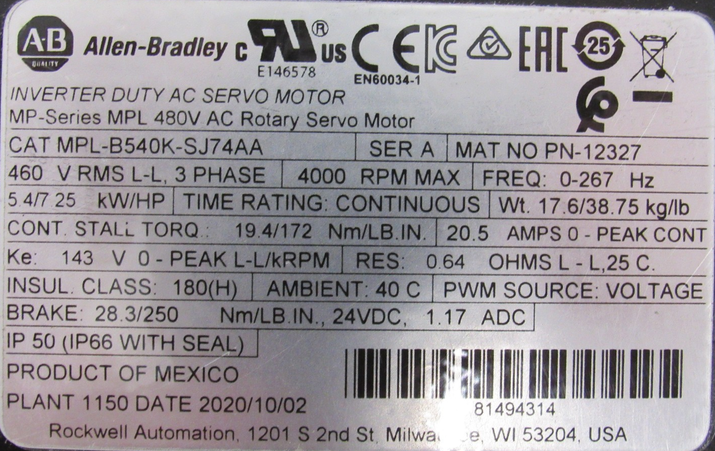 ALLEN BRADLEY MPL-B540K-SJ74AA SERVO MOTOR MPLB540KSJ74AA (NEW SURPLUS) - Image 4