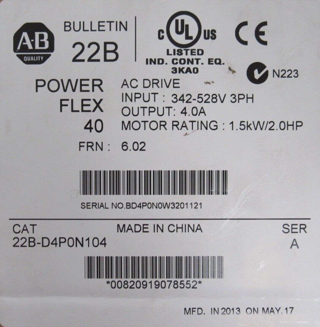 NEW ALLEN BRADLEY 22B-D4P0N104 POWERFLEX 40 2HP FRN.6.02 22BD4P0N104 - Image 4