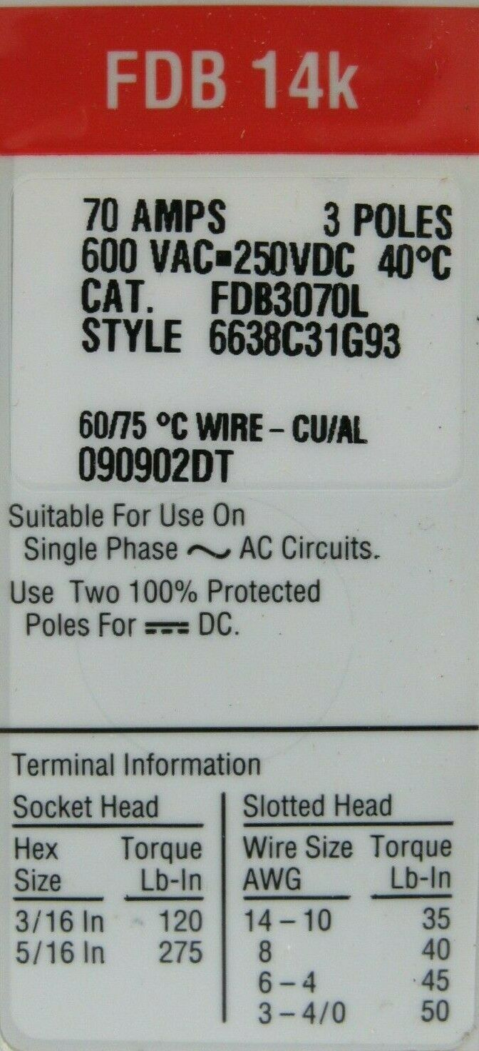 NEW CUTLER HAMMER FDB3070L CIRCUIT BREAKER 70A 3 POLE - Image 4