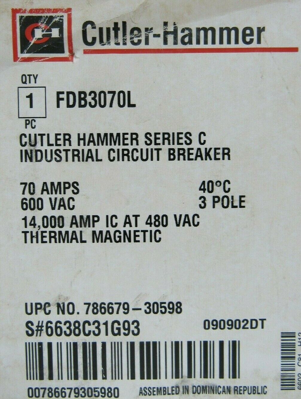 NEW CUTLER HAMMER FDB3070L CIRCUIT BREAKER 70A 3 POLE - Image 5