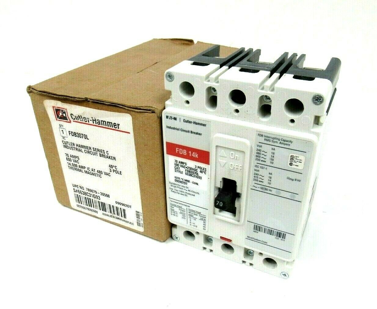 NEW CUTLER HAMMER FDB3070L CIRCUIT BREAKER 70A 3 POLE