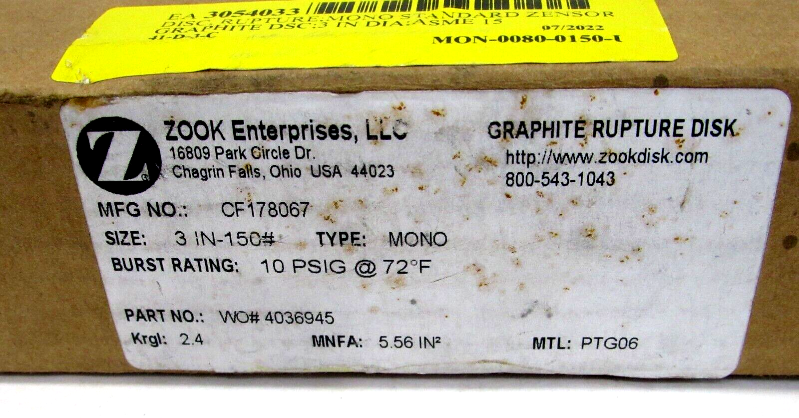 NEW ZOOK ENTERPRISES CF178067 GRAPHITE RUPTURE DISK 3IN-150# - SB