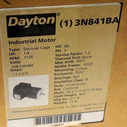 NEW DAYTON 3N841BA SQUIRREL CAGE MOTOR 1/4 HP 1725 RPM