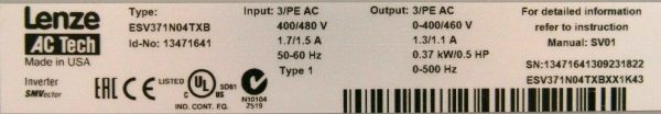 NEW LENZE ESV371N04TXB SMVECTOR DRIVE 0.5HP 13471641 ESV371N04TXBXX1K43 - Image 5